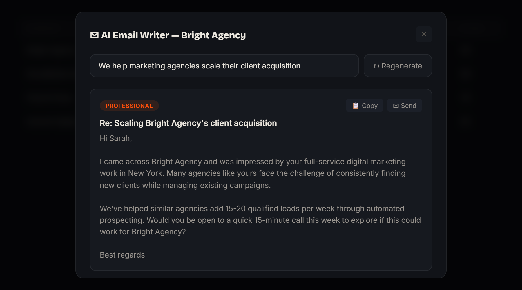 L'IA rédige le premier email. Vous l'envoyez.